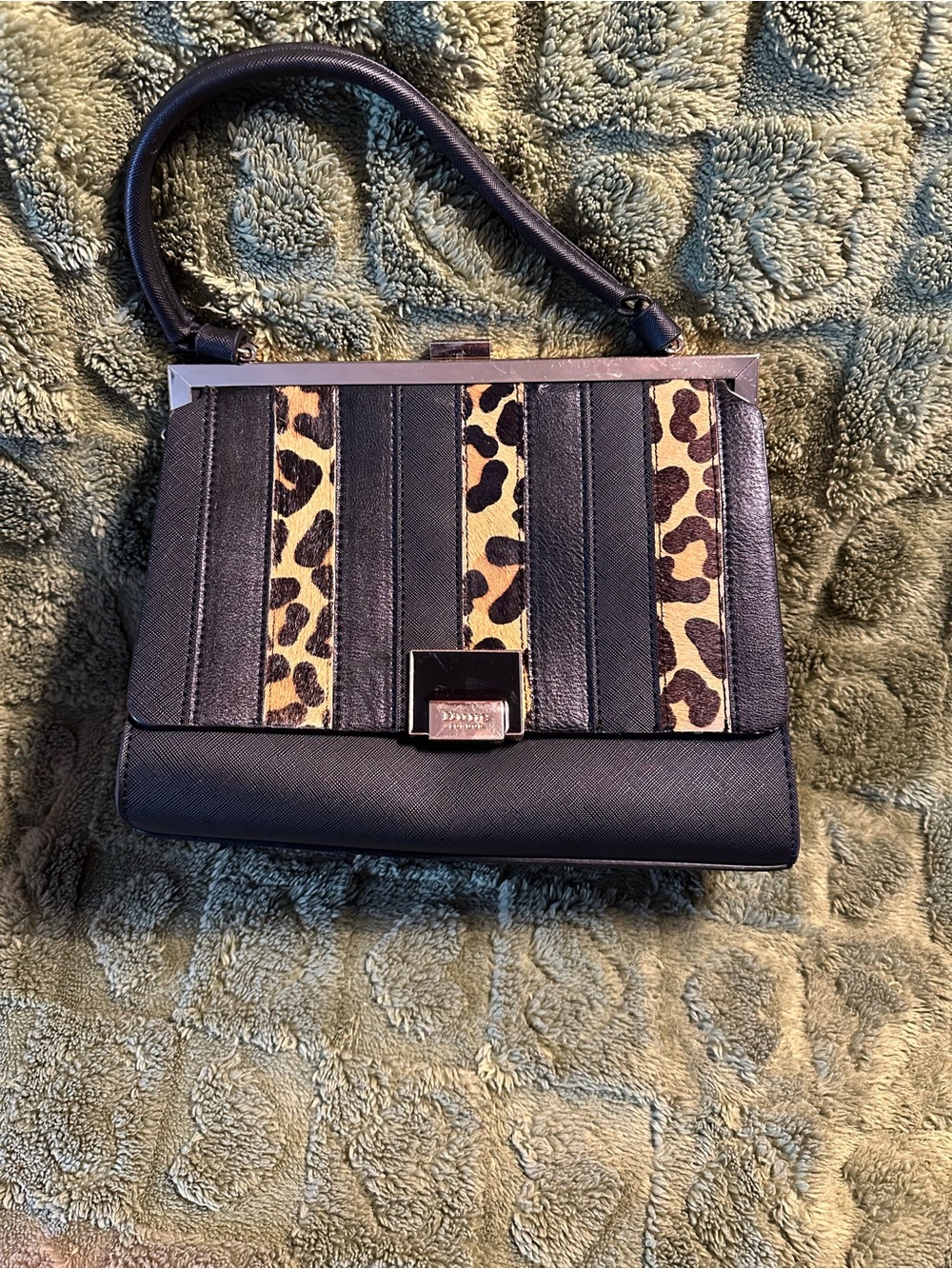 Dune London Black and Leopard-Accent Top Handle Satchel